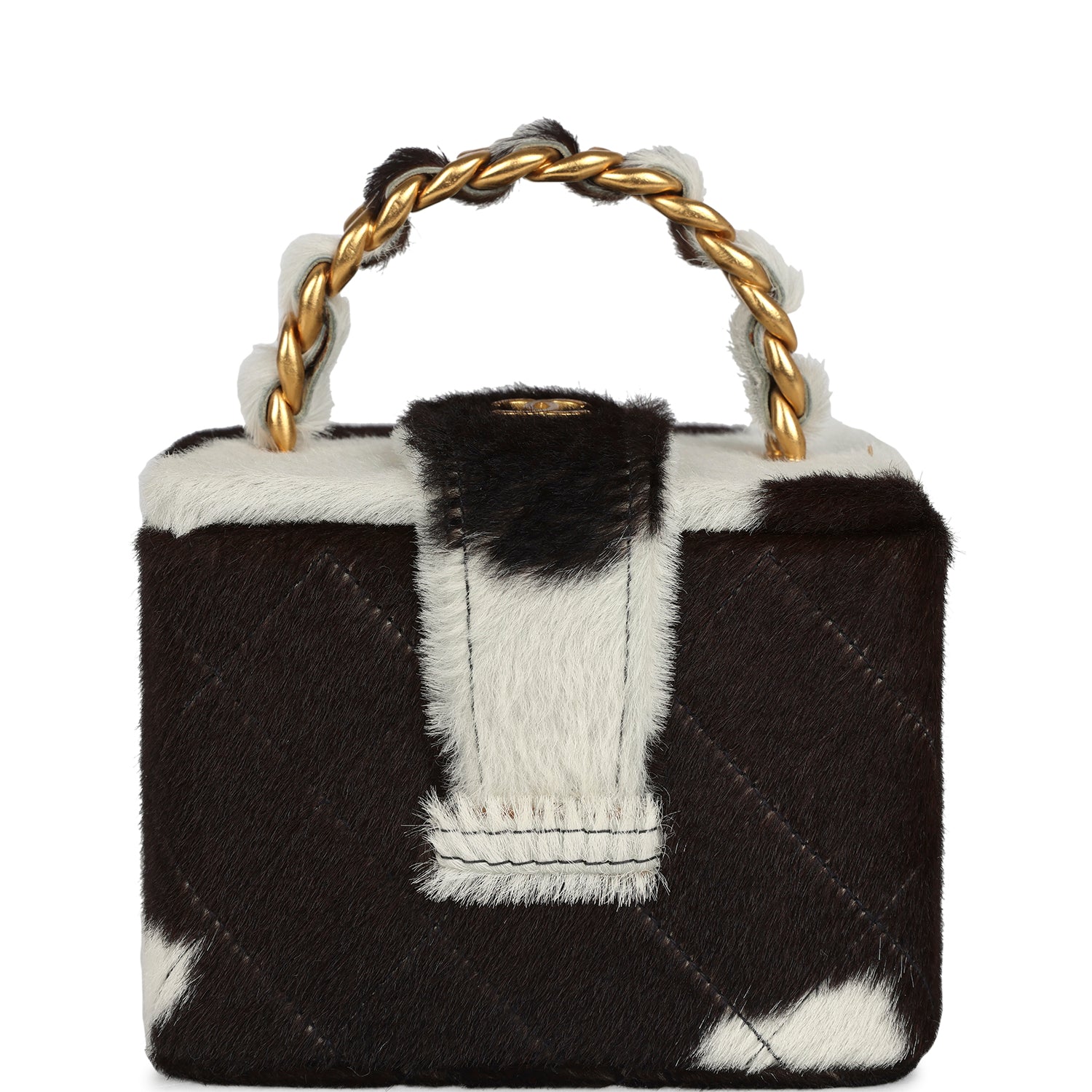 Chanel Vintage Square Vanity Box Brown and White Cow Print Pony Hair Antique Gold Hardware
