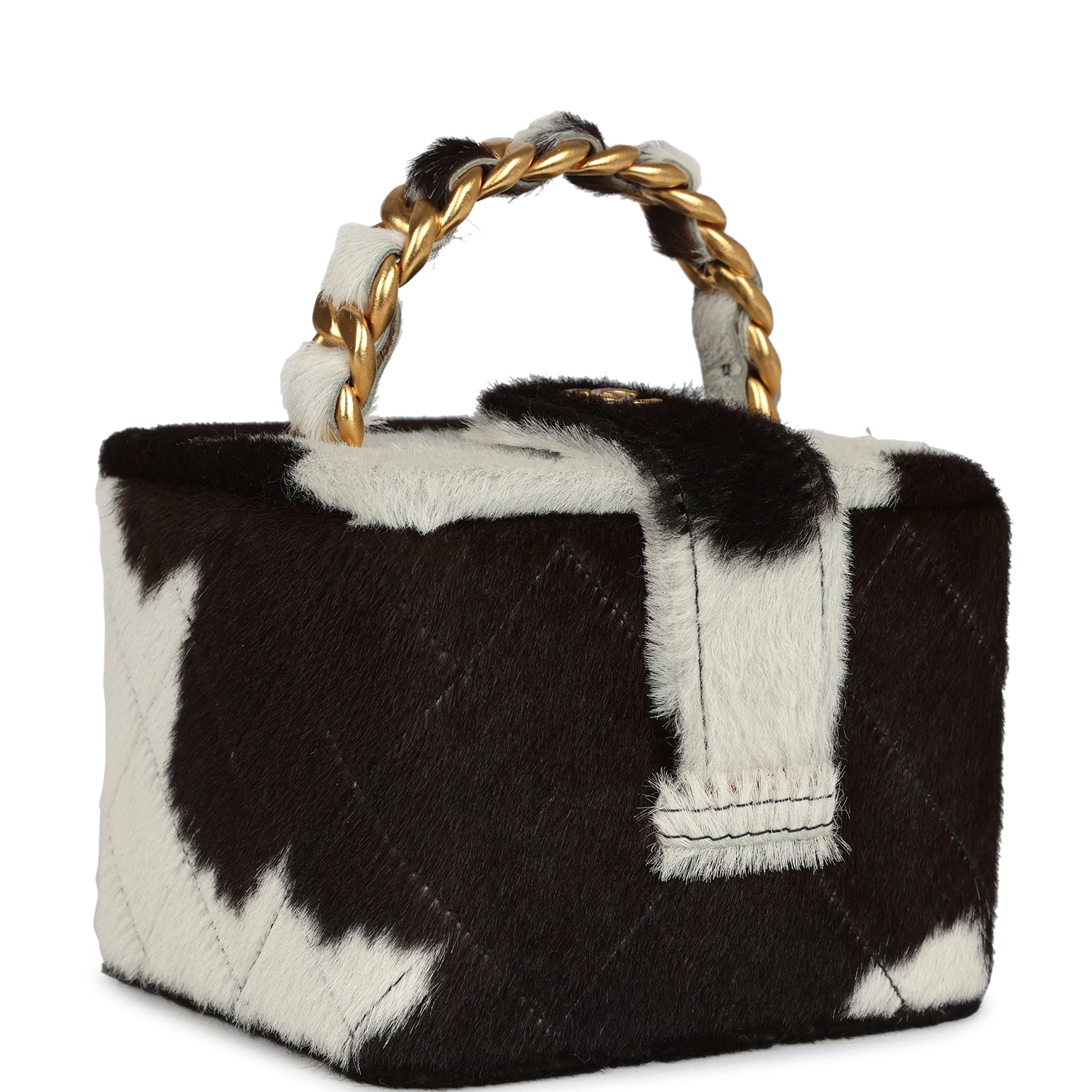 Chanel Vintage Square Vanity Box Brown and White Cow Print Pony Hair Antique Gold Hardware
