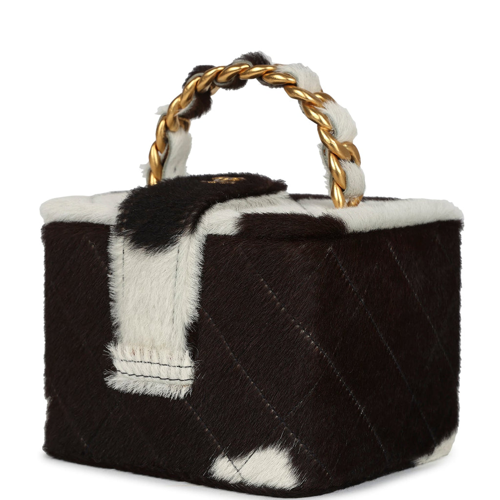 Chanel Vintage Square Vanity Box Brown and White Cow Print Pony Hair Antique Gold Hardware