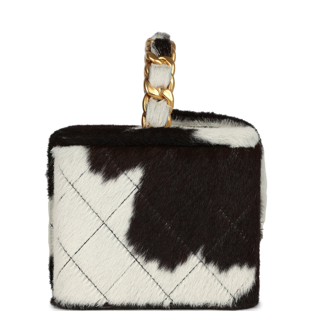 Chanel Vintage Square Vanity Box Brown and White Cow Print Pony Hair Antique Gold Hardware