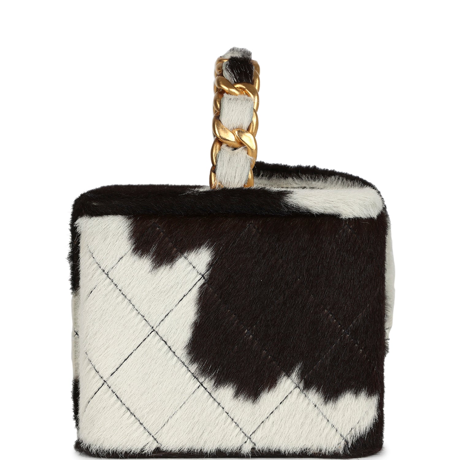 Chanel Vintage Square Vanity Box Brown and White Cow Print Pony Hair Antique Gold Hardware