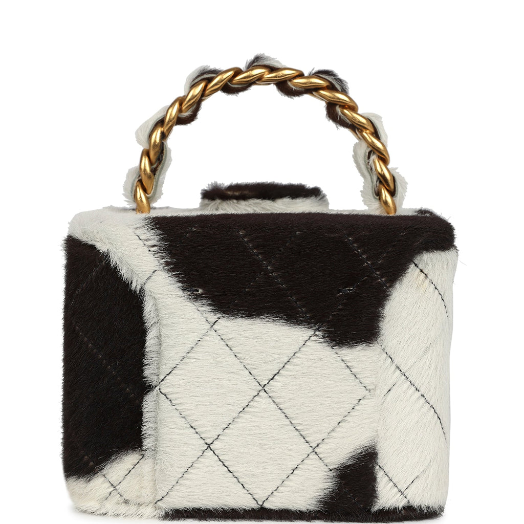 Chanel Vintage Square Vanity Box Brown and White Cow Print Pony Hair Antique Gold Hardware