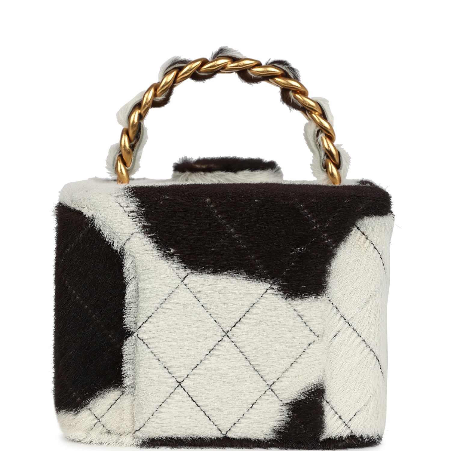 Chanel Vintage Square Vanity Box Brown and White Cow Print Pony Hair Antique Gold Hardware