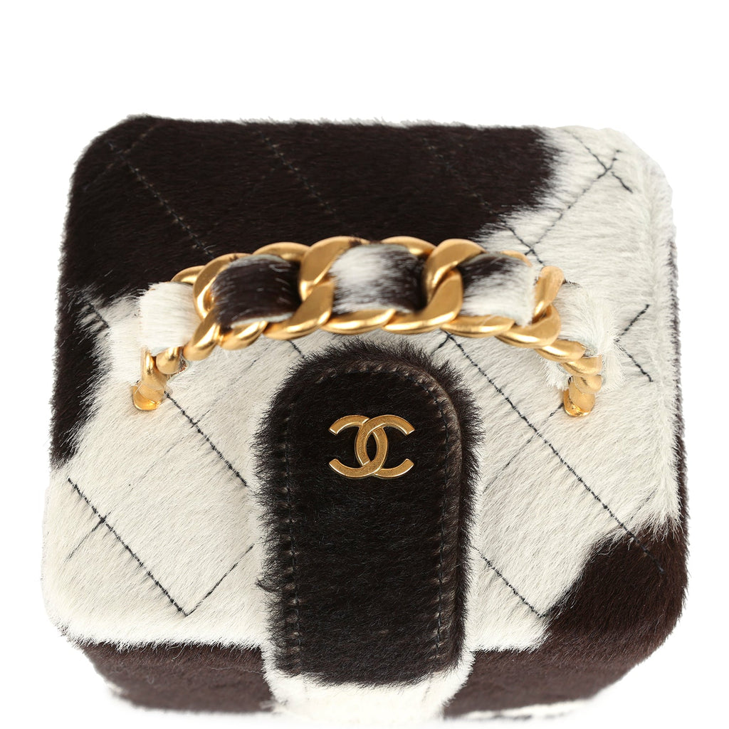 Chanel Vintage Square Vanity Box Brown and White Cow Print Pony Hair Antique Gold Hardware