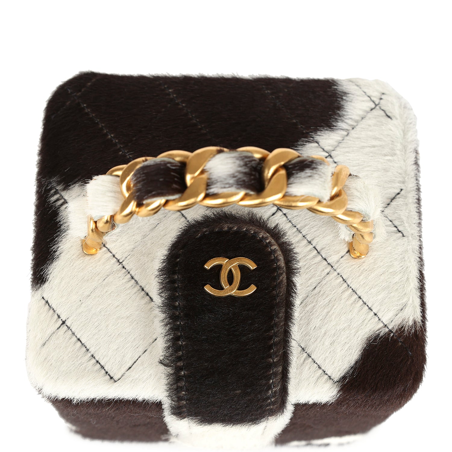 Chanel Vintage Square Vanity Box Brown and White Cow Print Pony Hair Antique Gold Hardware