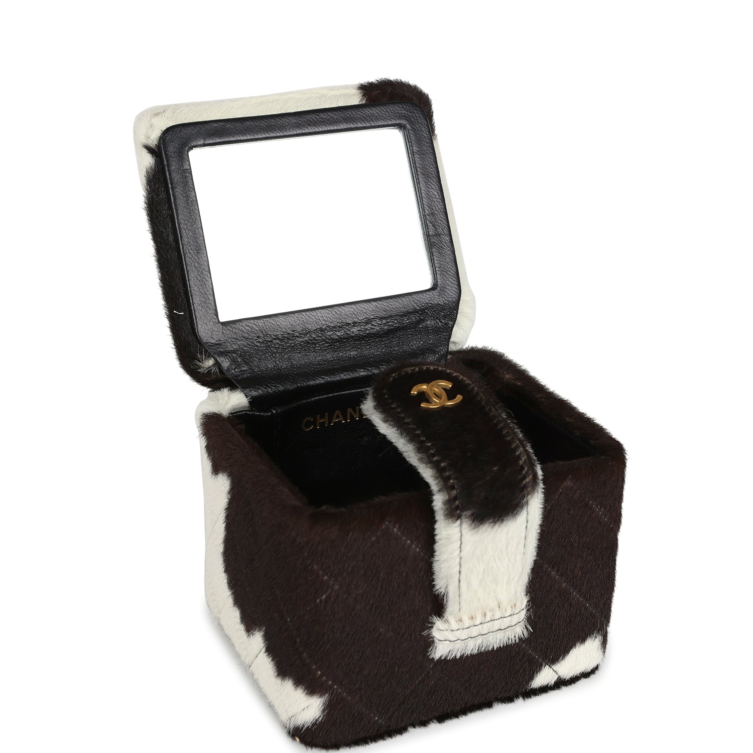 Chanel Vintage Square Vanity Box Brown and White Cow Print Pony Hair Antique Gold Hardware