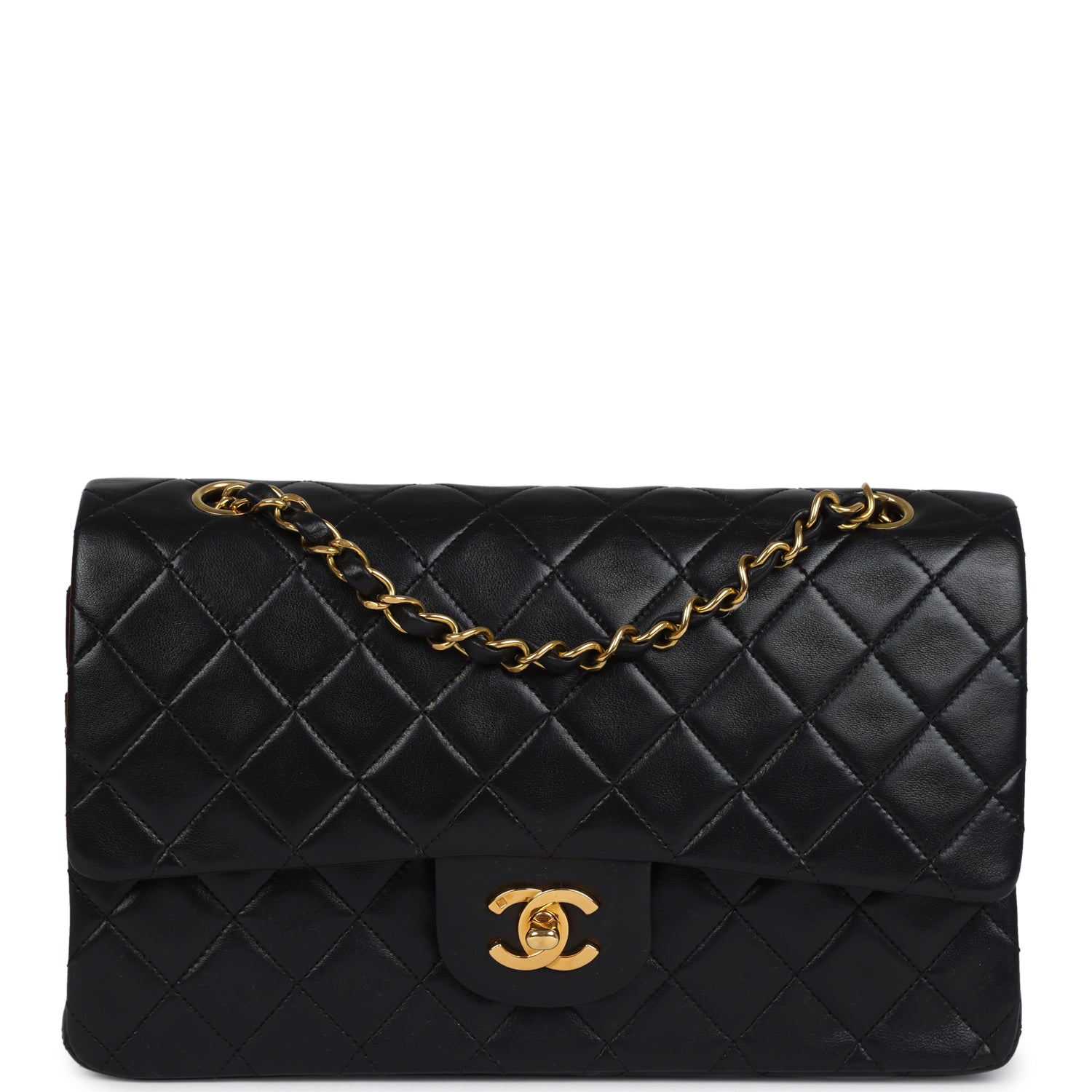 Chanel Vintage Medium Classic Double Flap Bag Black Lambskin Gold Hardware