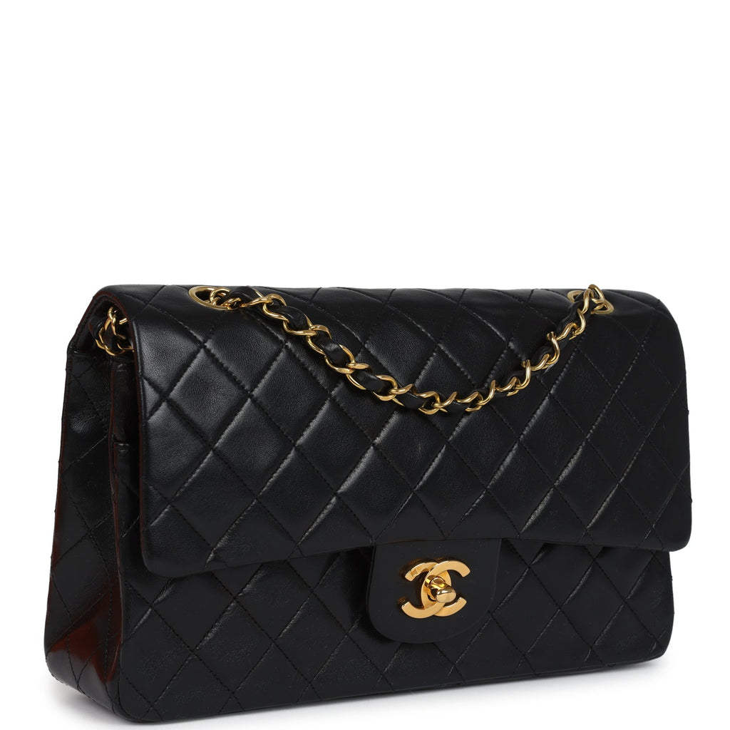 Chanel Vintage Medium Classic Double Flap Bag Black Lambskin Gold Hardware