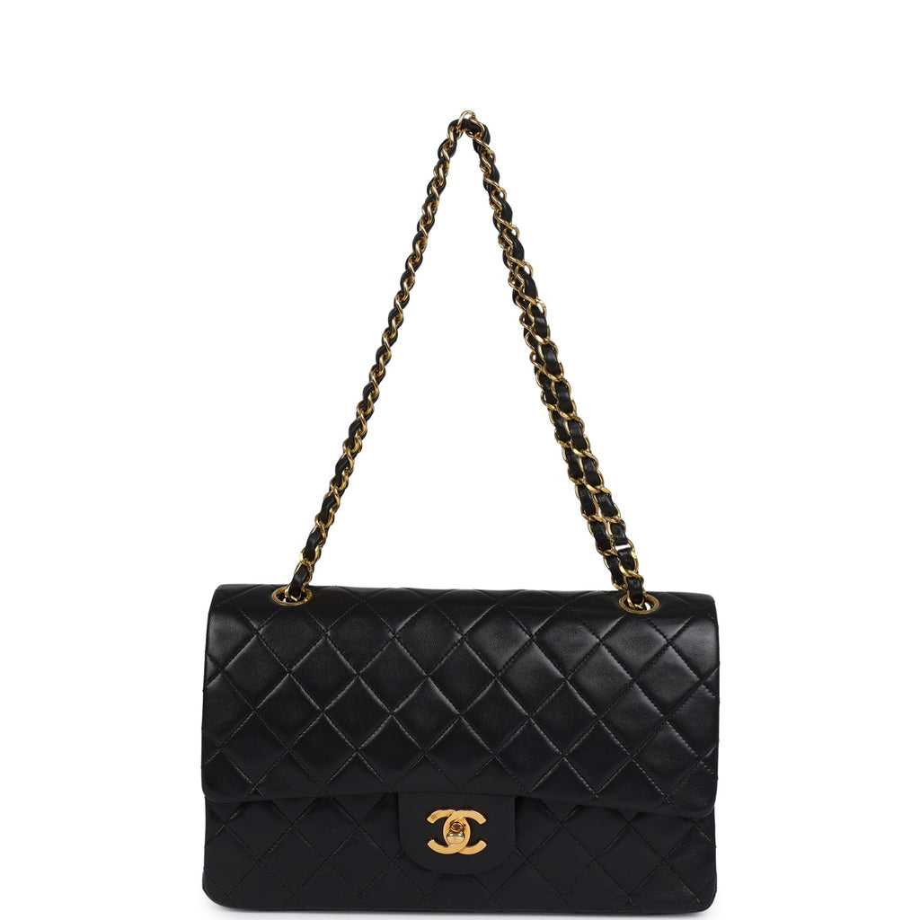 Chanel Vintage Medium Classic Double Flap Bag Black Lambskin Gold Hardware