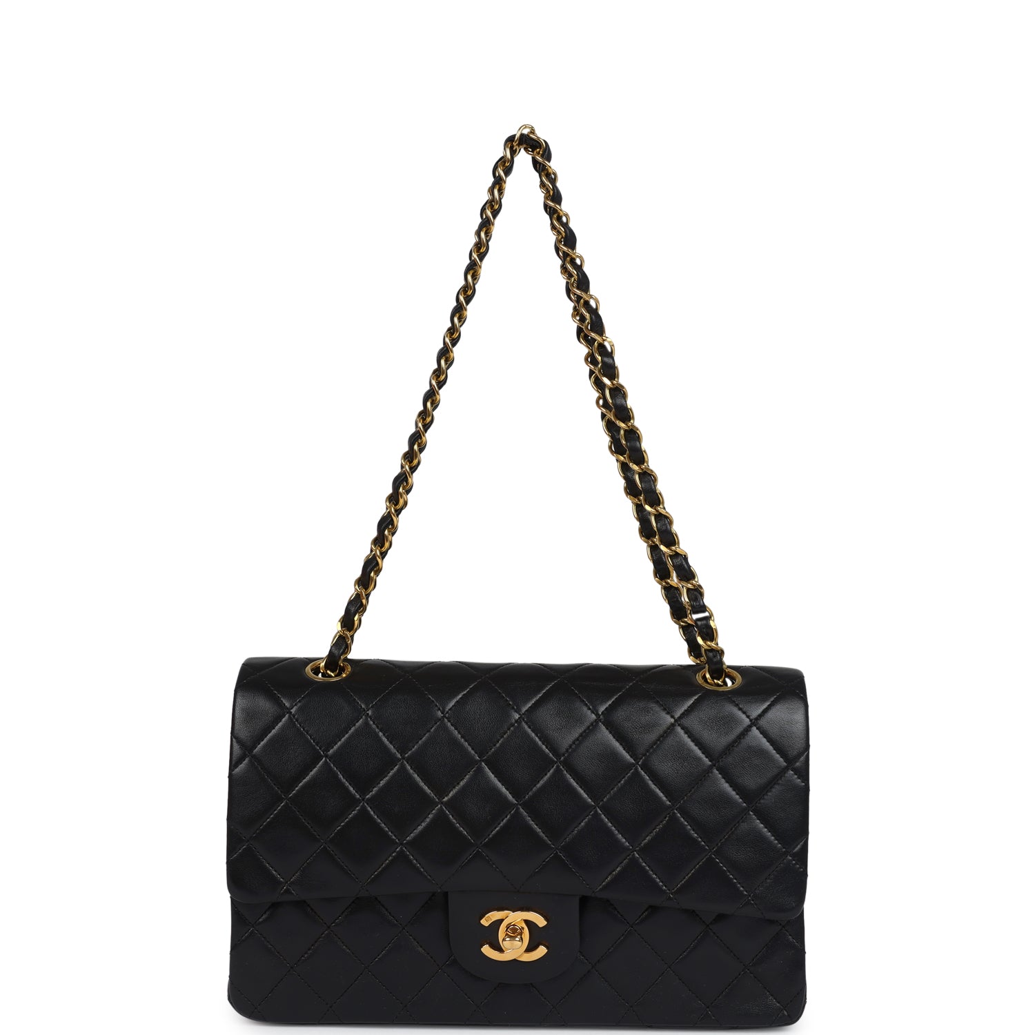 Chanel Vintage Medium Classic Double Flap Bag Black Lambskin Gold Hardware