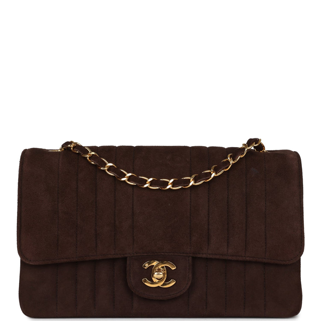 Chanel Vintage Medium Vertical Flap Bag Brown Suede Gold Hardware