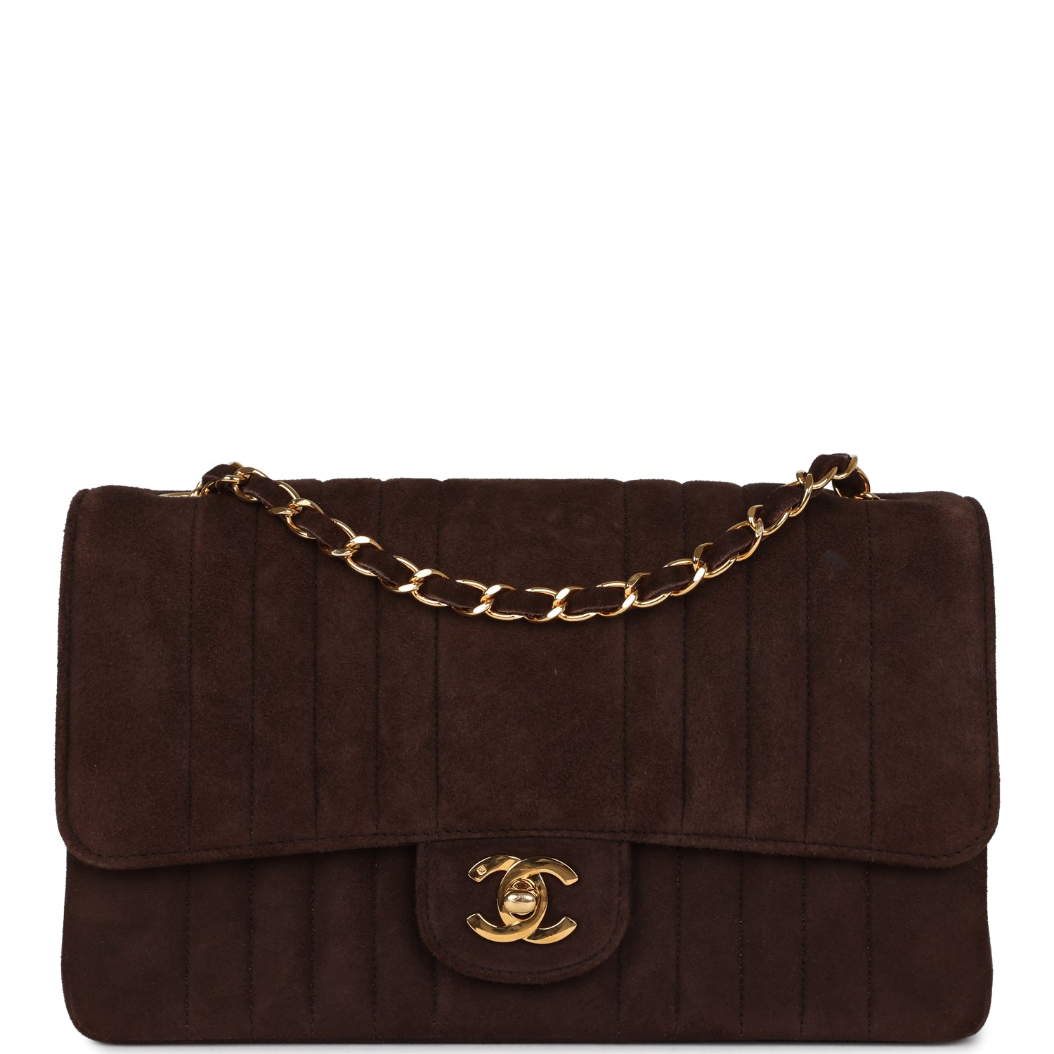 Chanel Vintage Medium Vertical Flap Bag Brown Suede Gold Hardware