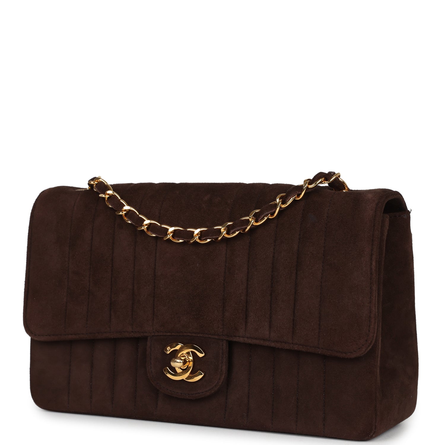 Chanel Vintage Medium Vertical Flap Bag Brown Suede Gold Hardware