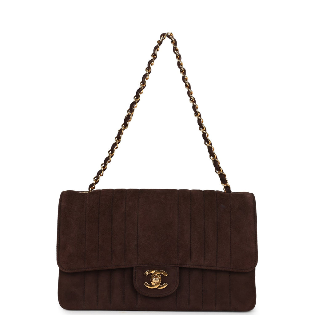 Chanel Vintage Medium Vertical Flap Bag Brown Suede Gold Hardware