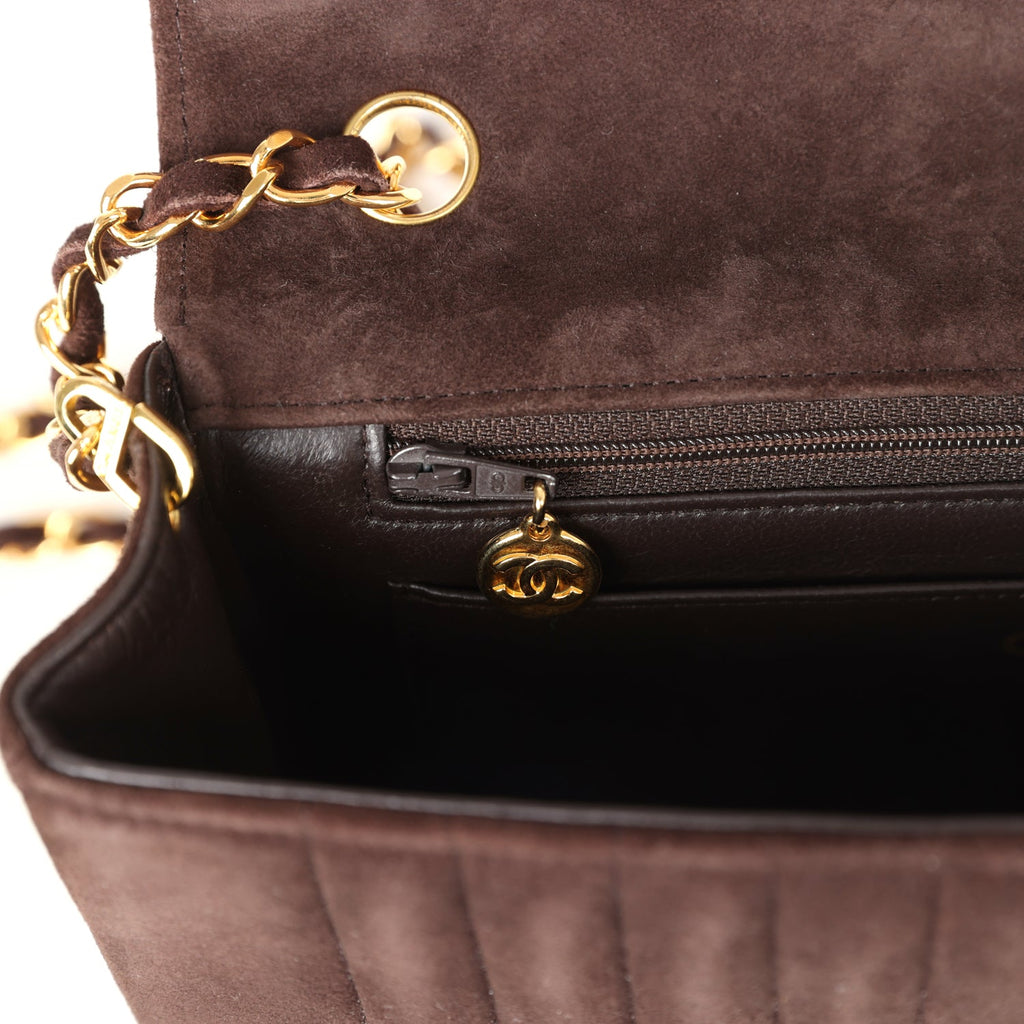 Chanel Vintage Medium Vertical Flap Bag Brown Suede Gold Hardware
