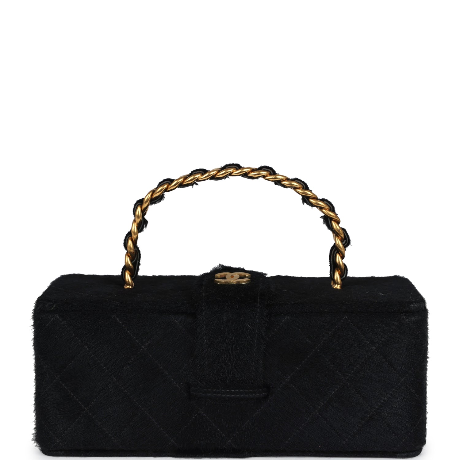 Chanel Vintage Rectangular Vanity Box Black Pony Hair Antique Gold Hardware