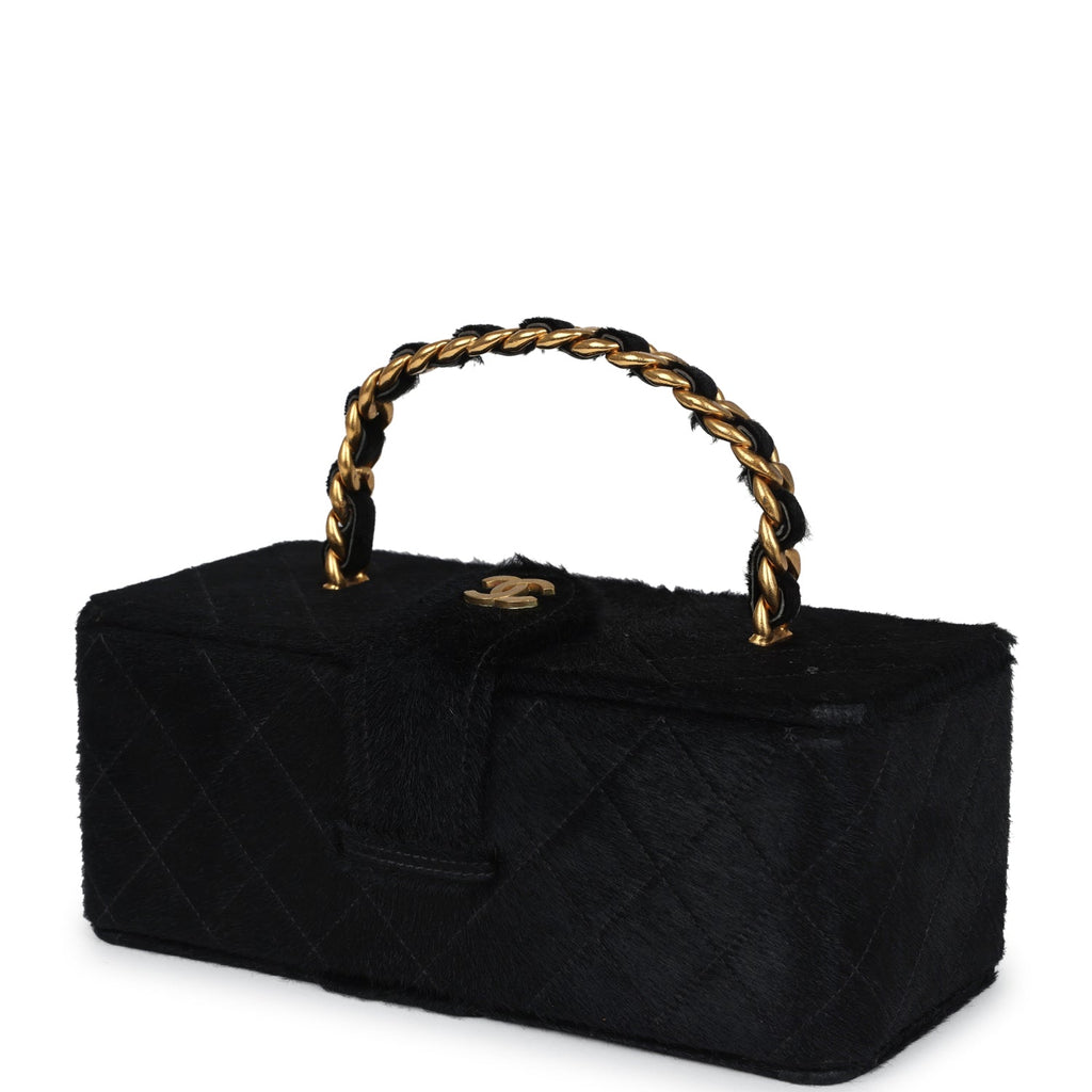 Chanel Vintage Rectangular Vanity Box Black Pony Hair Antique Gold Hardware