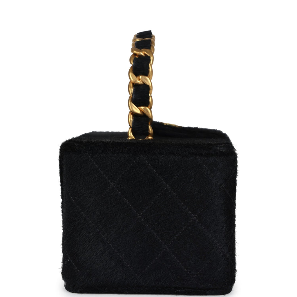 Chanel Vintage Rectangular Vanity Box Black Pony Hair Antique Gold Hardware