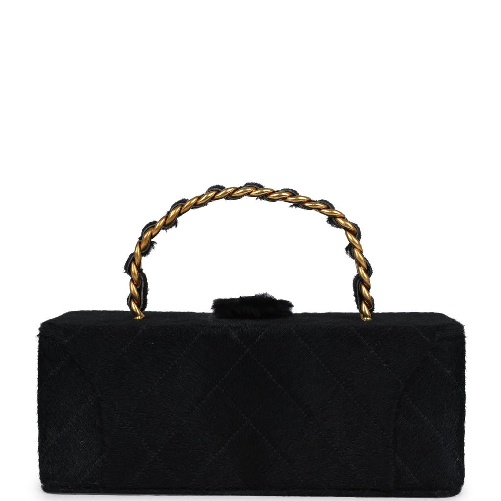 Chanel Vintage Rectangular Vanity Box Black Pony Hair Antique Gold Hardware