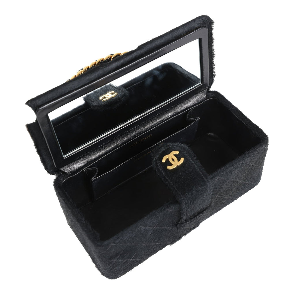 Chanel Vintage Rectangular Vanity Box Black Pony Hair Antique Gold Hardware