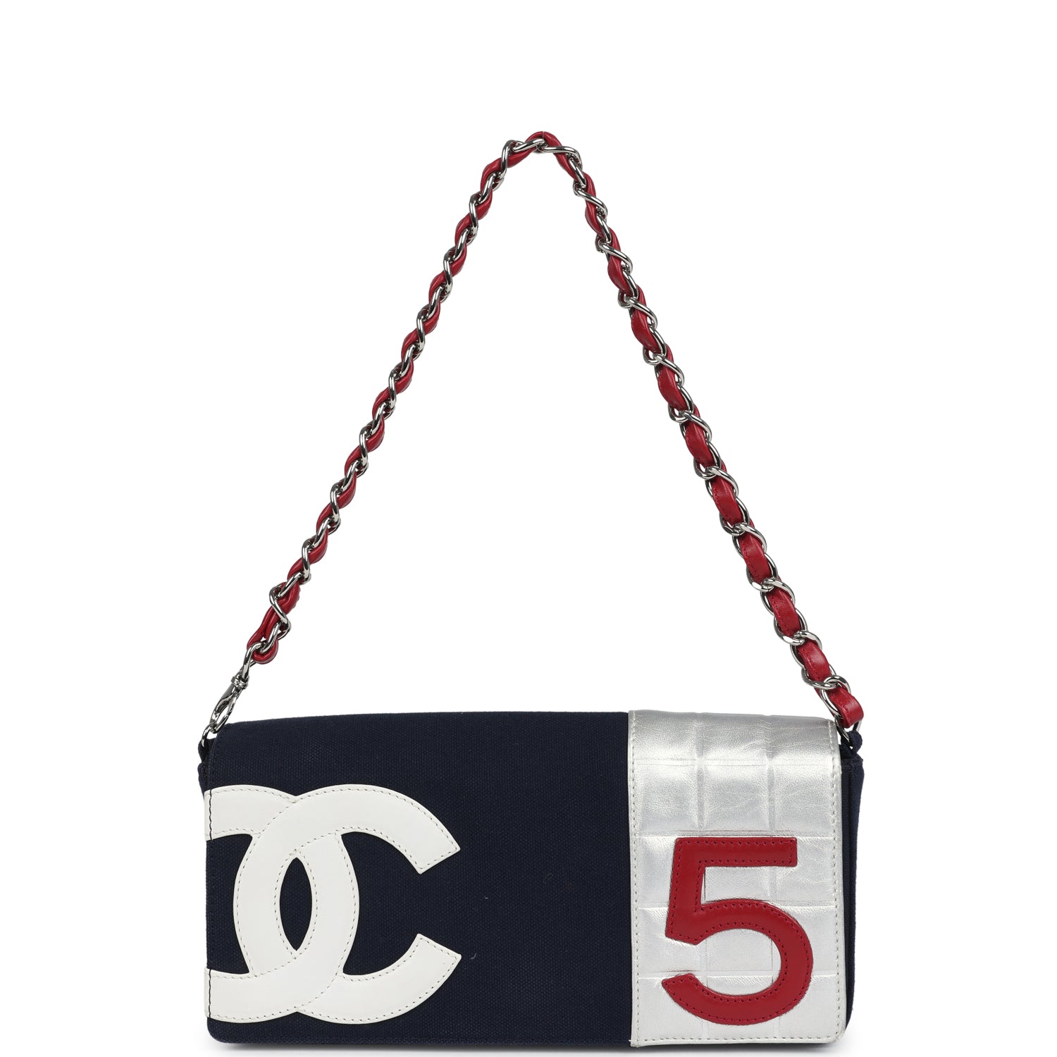 Chanel Vintage N0.5 Chain Shoulder Bag Navy, Silver, Red Canvas Silver Hardware