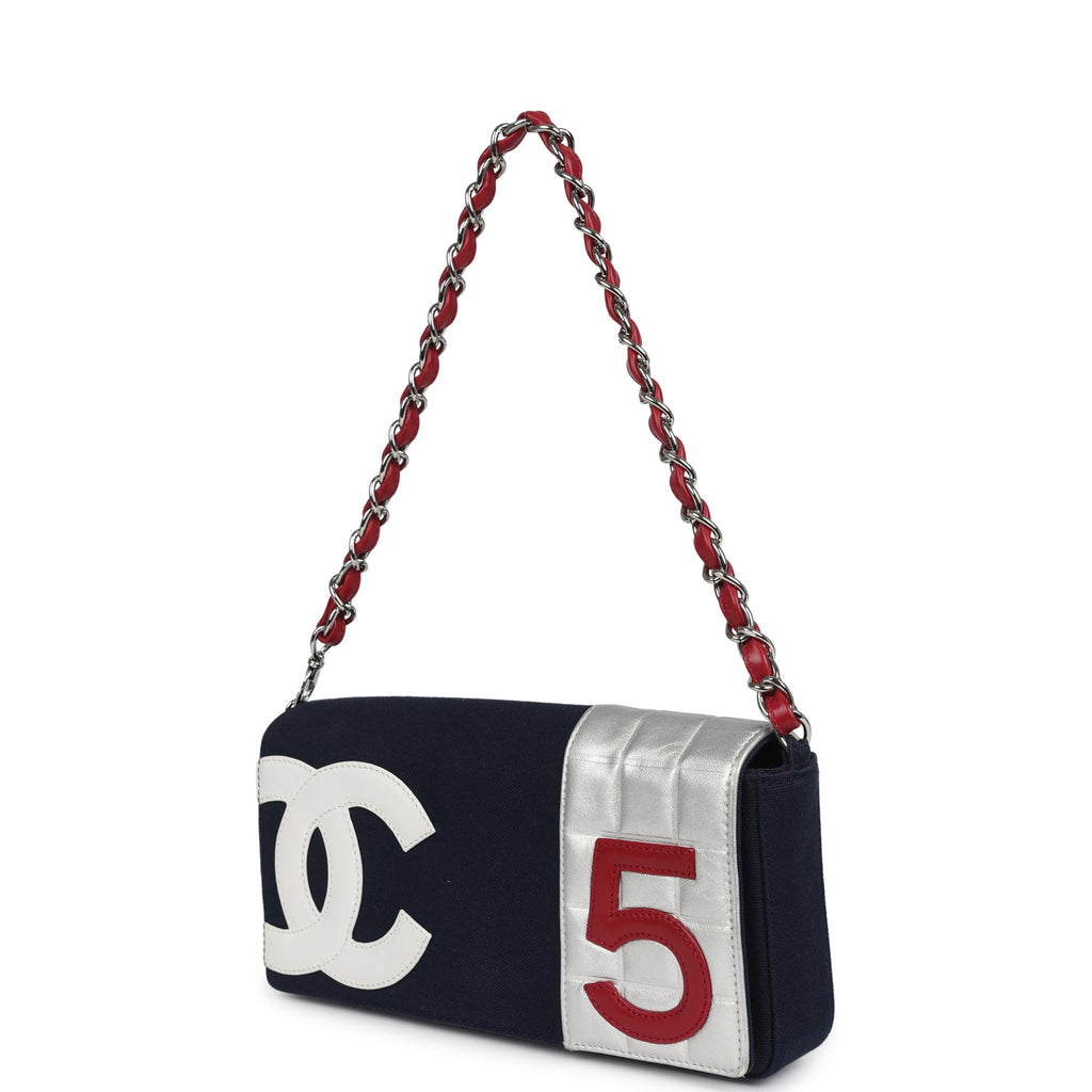 Chanel Vintage N0.5 Chain Shoulder Bag Navy, Silver, Red Canvas Silver Hardware
