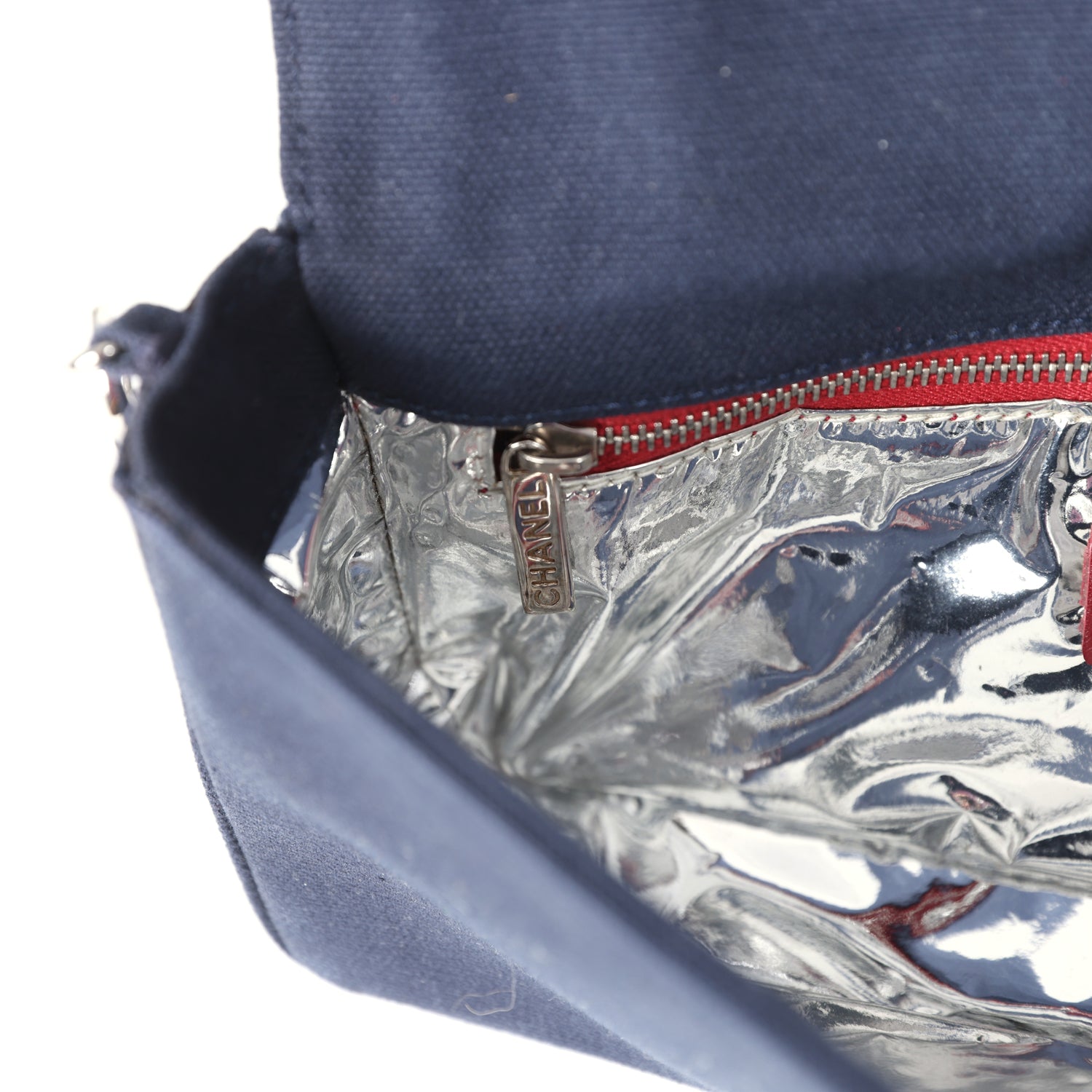 Chanel Vintage N0.5 Chain Shoulder Bag Navy, Silver, Red Canvas Silver Hardware