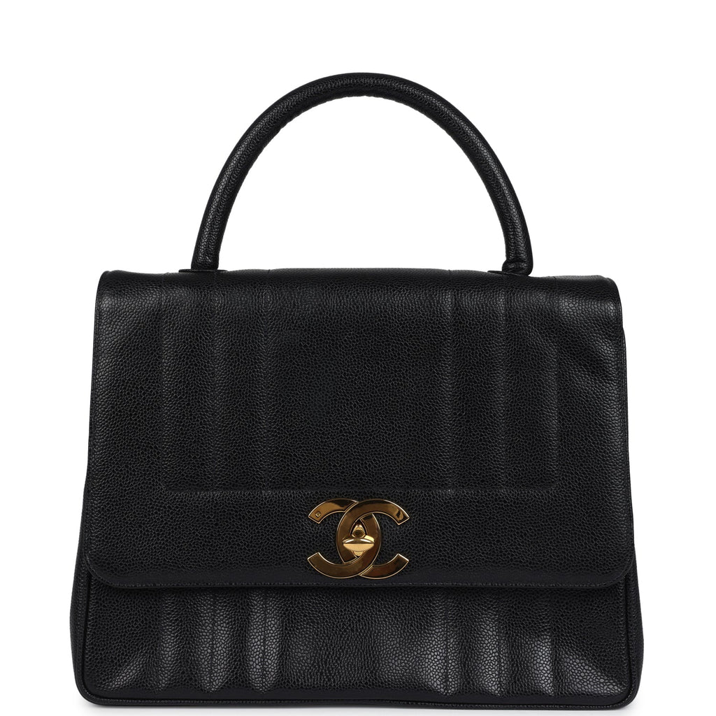 Chanel Vintage Vertical Stripe Kelly Flap Bag Black Caviar Gold Hardware