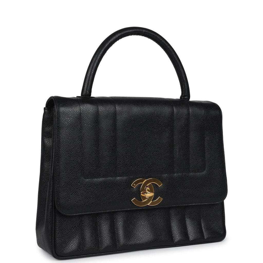 Chanel Vintage Vertical Stripe Kelly Flap Bag Black Caviar Gold Hardware