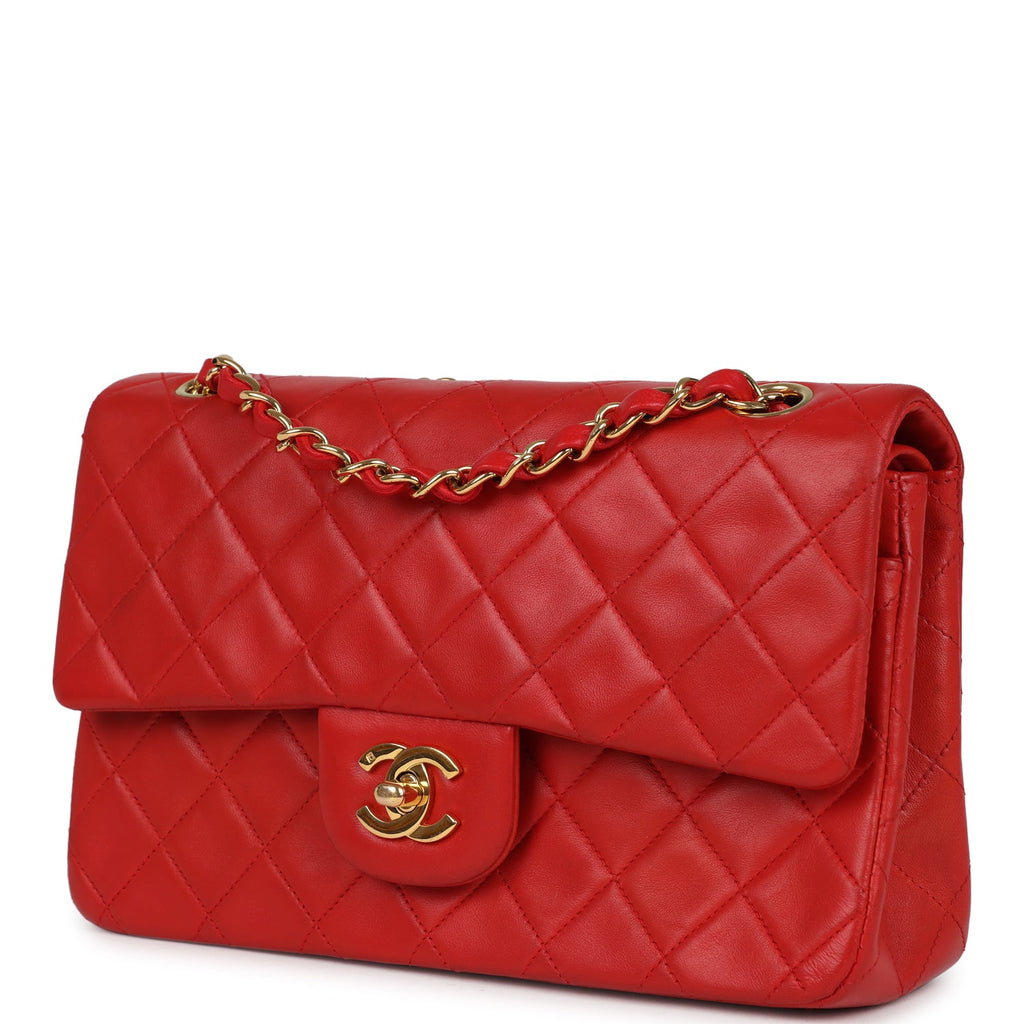 Chanel Vintage Small Classic Double Flap Bag Red Lambskin Gold Hardware