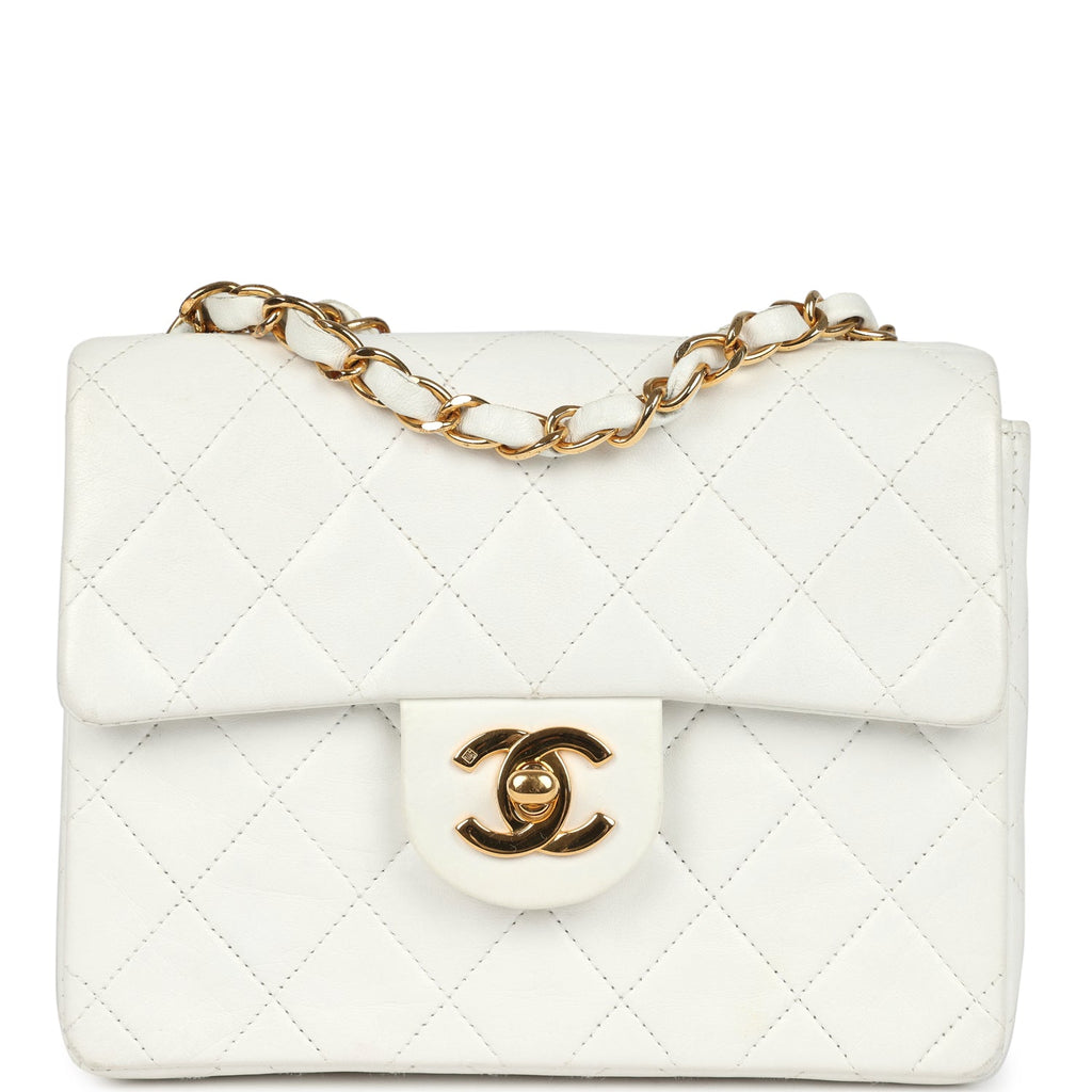 Chanel Vintage Mini Square Flap Bag White Lambskin Gold Hardware