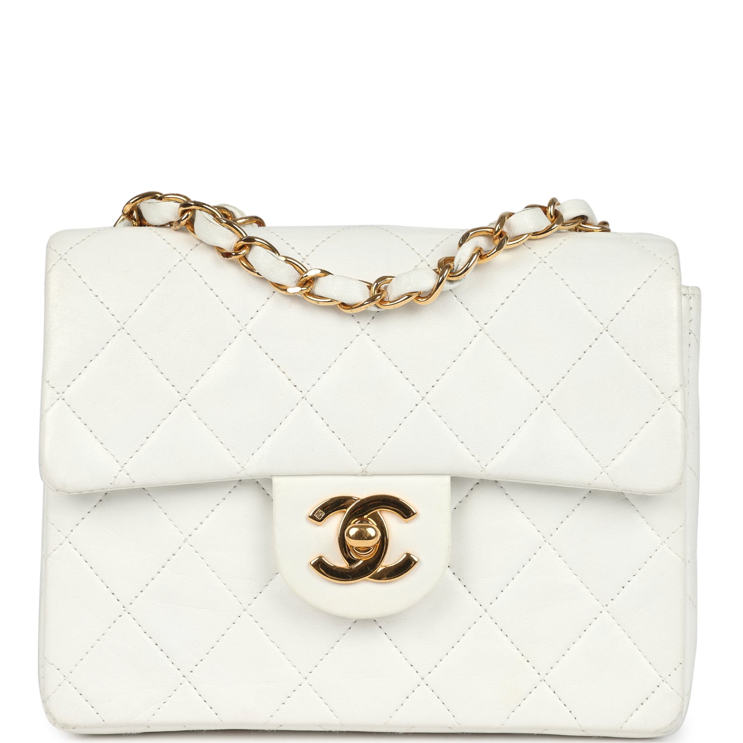 Chanel Vintage Mini Square Flap Bag White Lambskin Gold Hardware