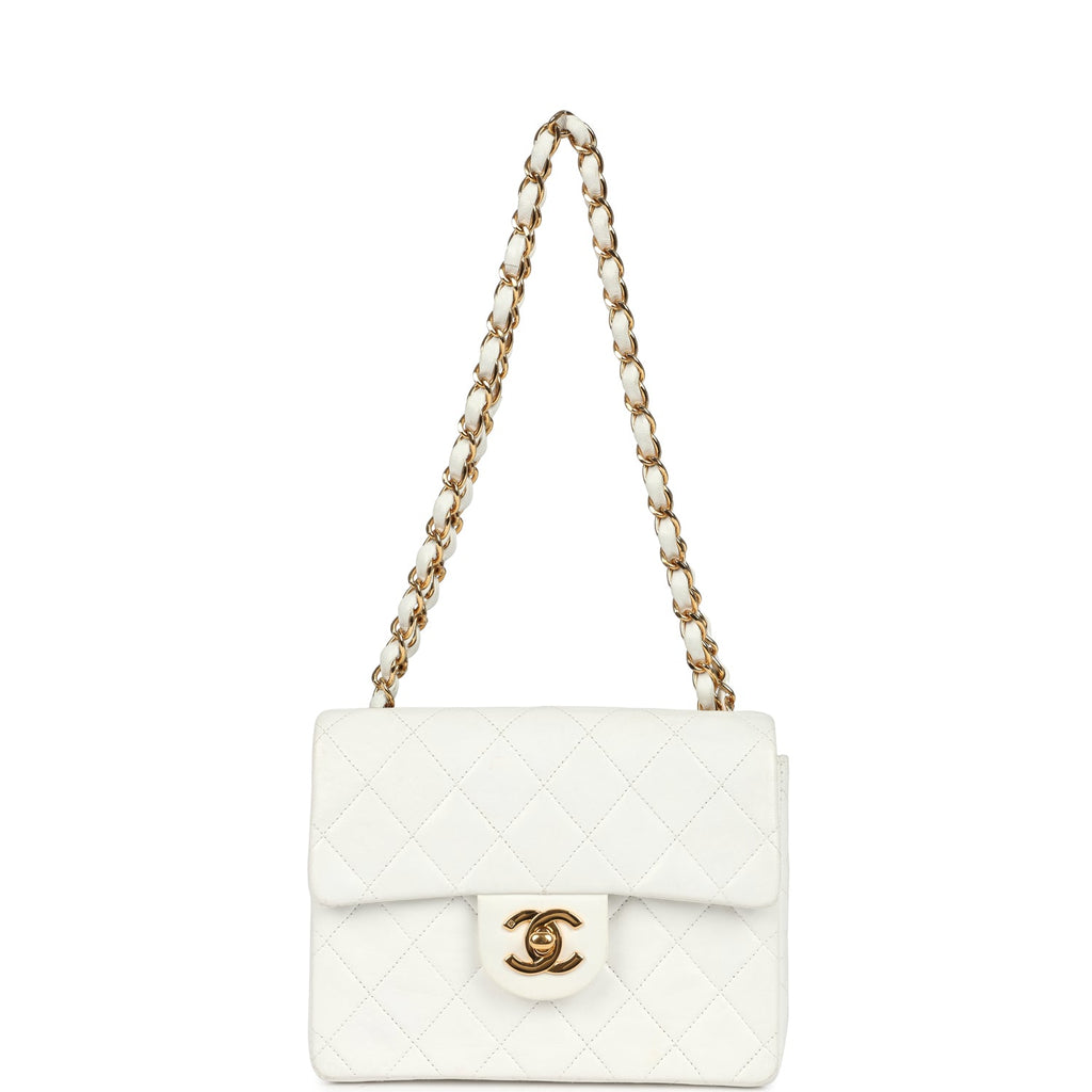 Chanel Vintage Mini Square Flap Bag White Lambskin Gold Hardware