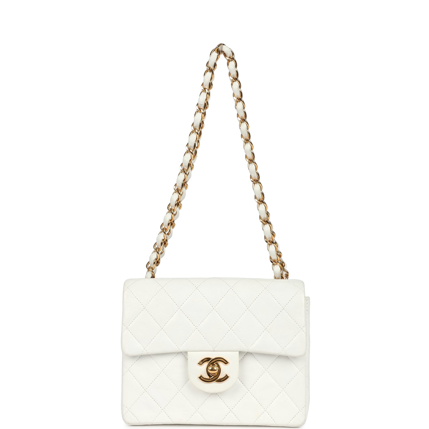 Chanel Vintage Mini Square Flap Bag White Lambskin Gold Hardware