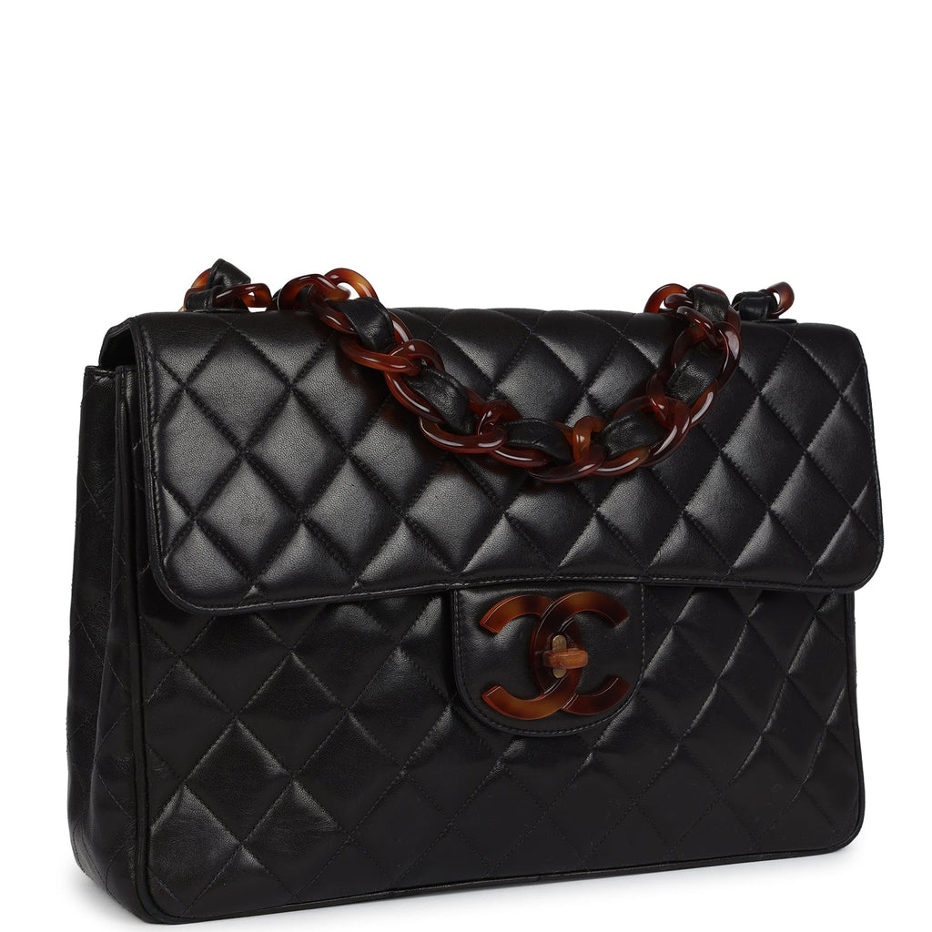 Chanel Vintage Jumbo Single Flap Bag Black Lambskin Tortoiseshell Bakelite Hardware