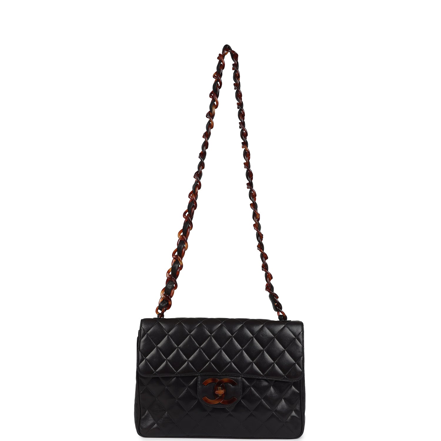 Chanel Vintage Jumbo Single Flap Bag Black Lambskin Tortoiseshell Bakelite Hardware