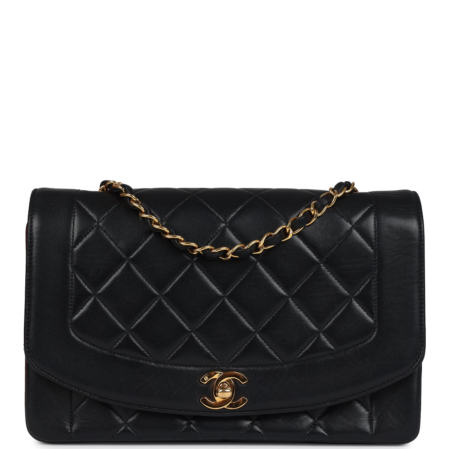Chanel Vintage Medium Diana Flap Bag Black Lambskin Gold Hardware