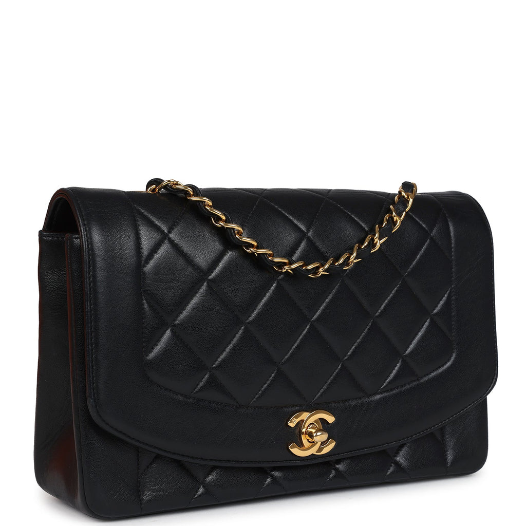 Chanel Vintage Medium Diana Flap Bag Black Lambskin Gold Hardware