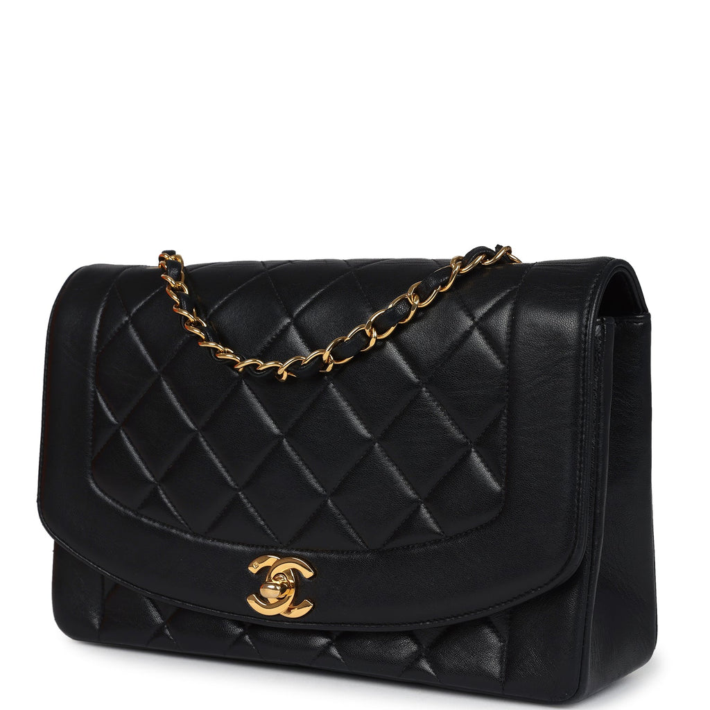 Chanel Vintage Medium Diana Flap Bag Black Lambskin Gold Hardware