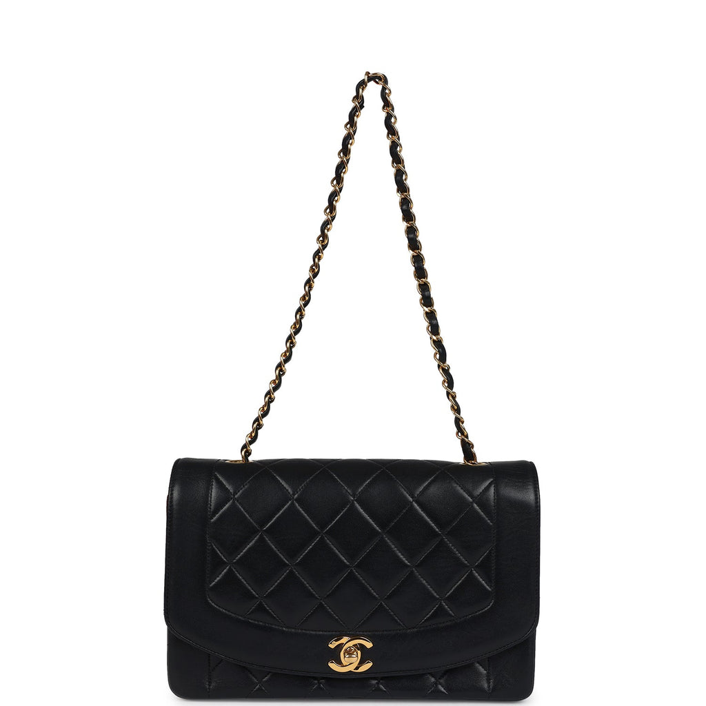 Chanel Vintage Medium Diana Flap Bag Black Lambskin Gold Hardware