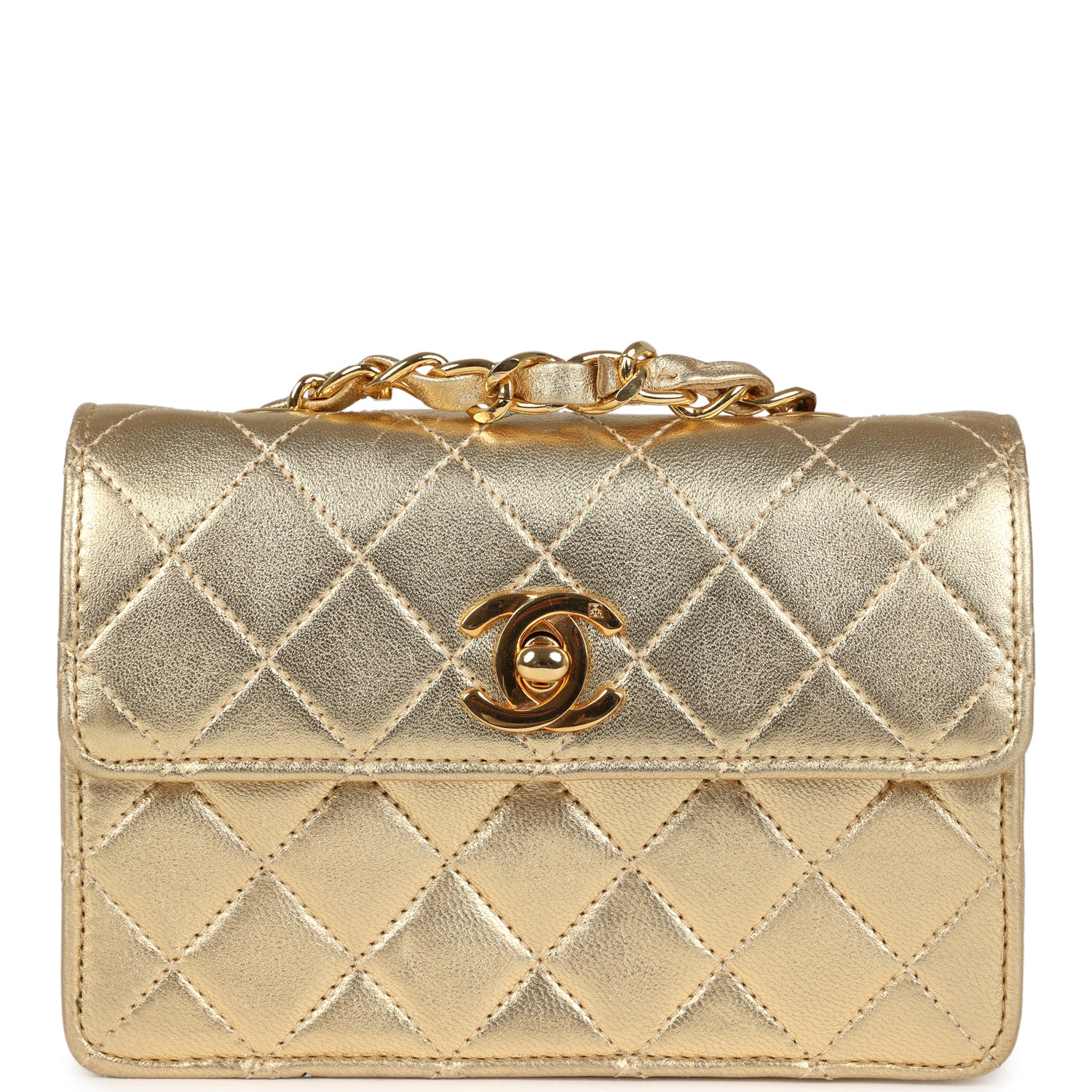 Chanel Vintage Micro Half Flap Bag Metallic Gold Lambskin Gold Hardware