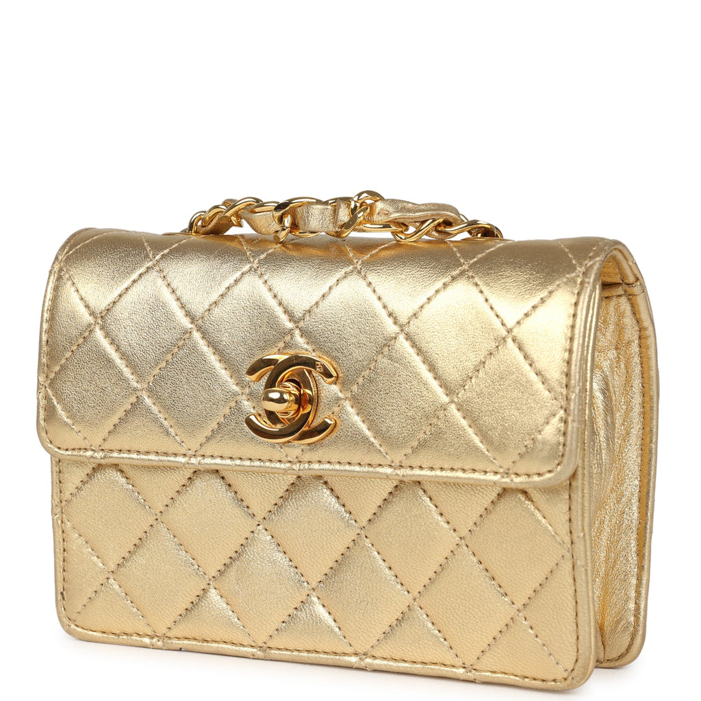 Chanel Vintage Micro Half Flap Bag Metallic Gold Lambskin Gold Hardware
