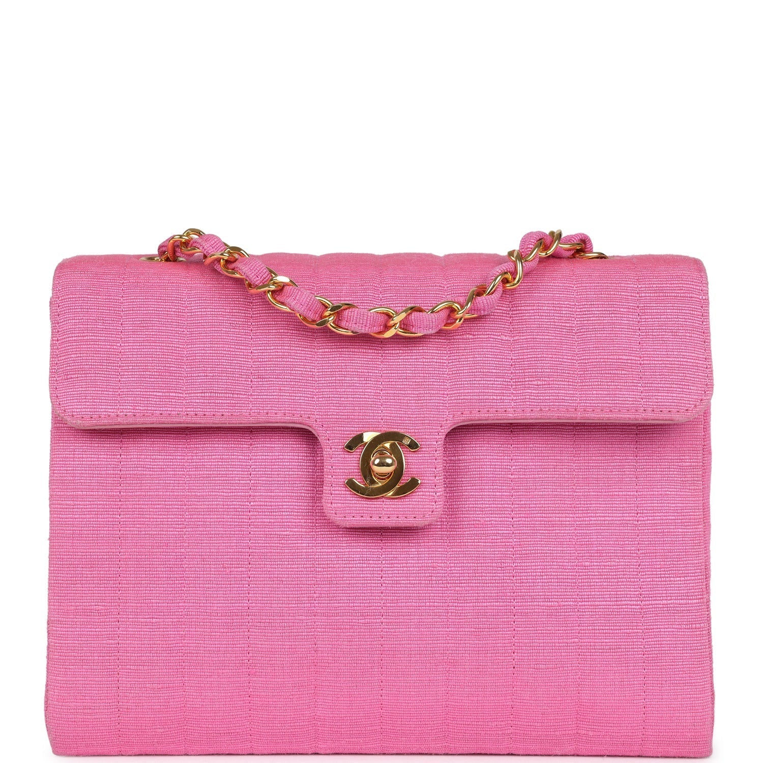 Chanel Vintage Vertical Mademoiselle Shoulder Bag Pink Linen Gold Hardware