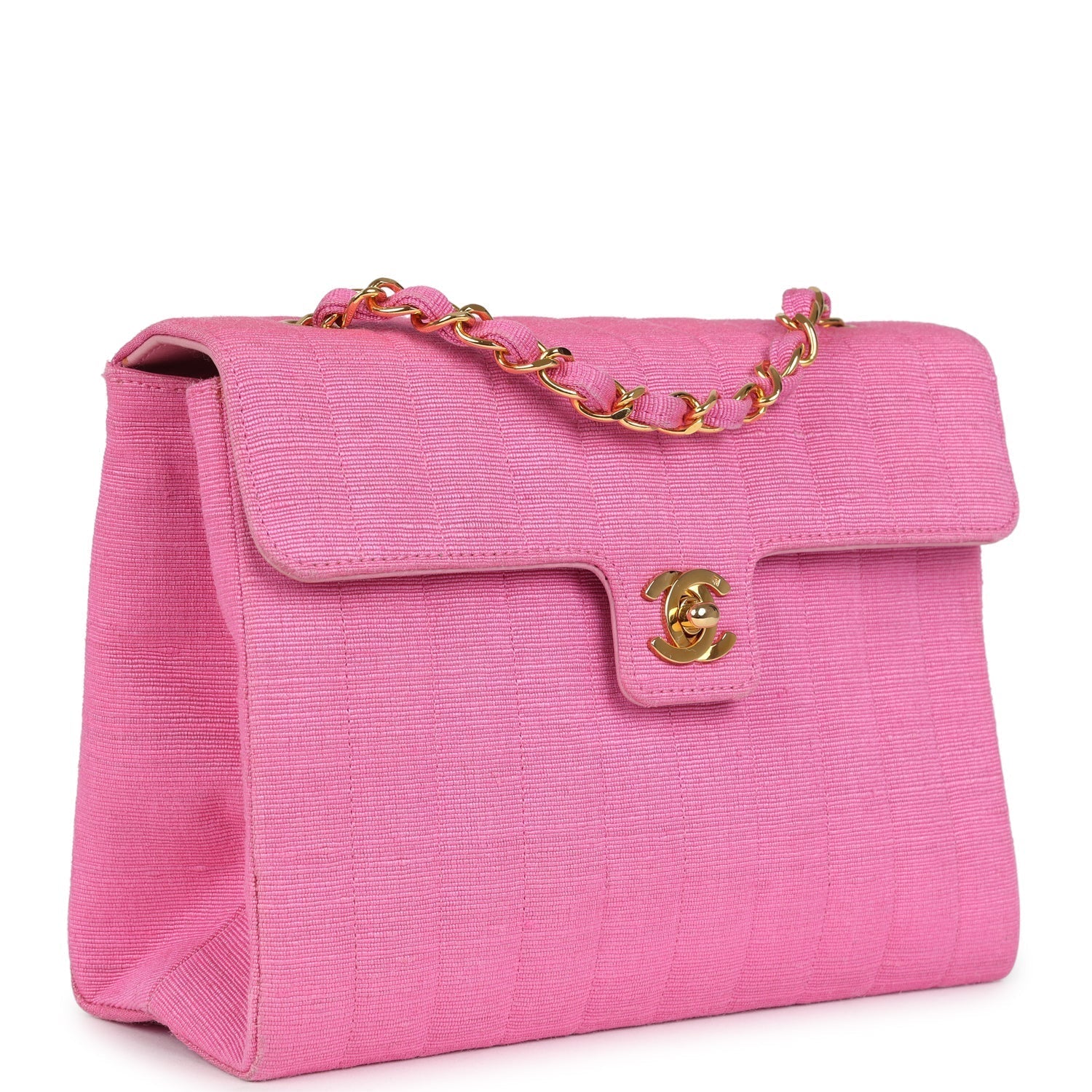 Chanel Vintage Vertical Mademoiselle Shoulder Bag Pink Linen Gold Hardware