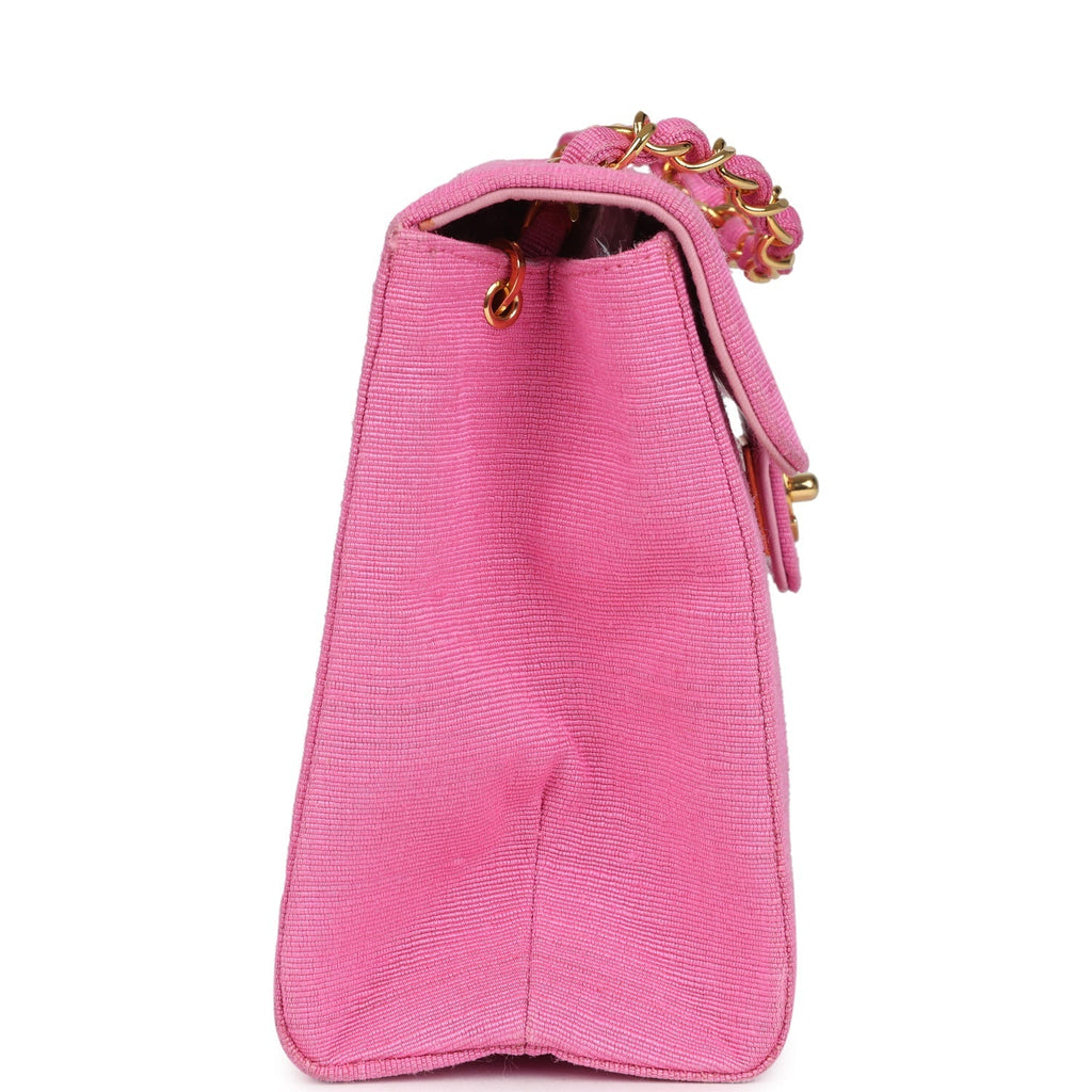 Chanel Vintage Vertical Mademoiselle Shoulder Bag Pink Linen Gold Hardware