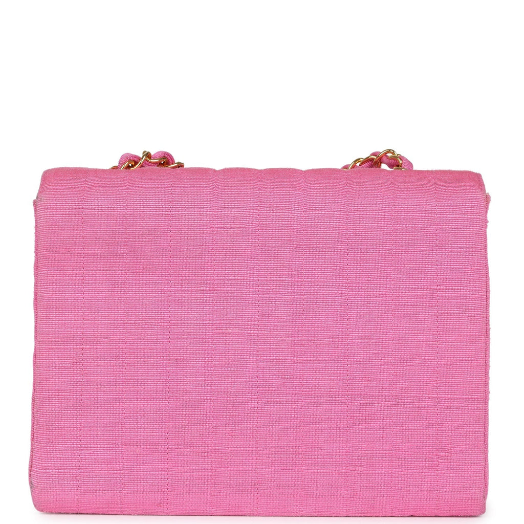 Chanel Vintage Vertical Mademoiselle Shoulder Bag Pink Linen Gold Hardware