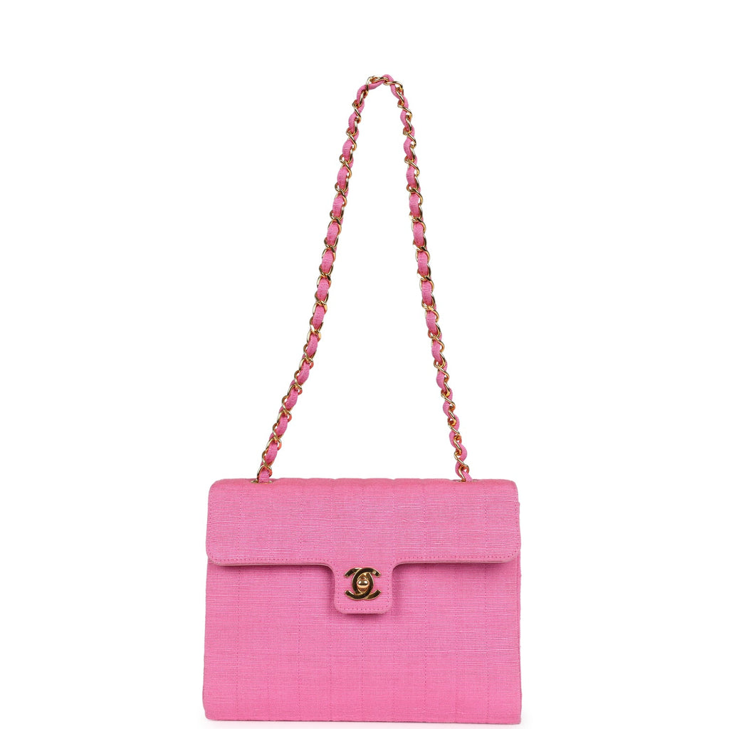 Chanel Vintage Vertical Mademoiselle Shoulder Bag Pink Linen Gold Hardware