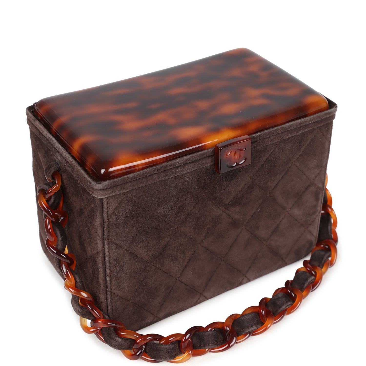 Chanel Vintage Vanity Box Bag Brown Suede and Tortoiseshell Bakelite Hardware