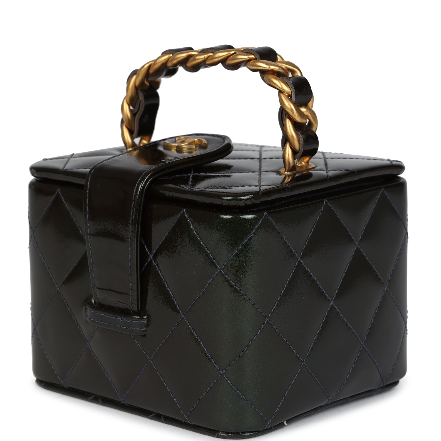Chanel Vintage Mini Square Vanity Green Patent Antique Gold Hardware