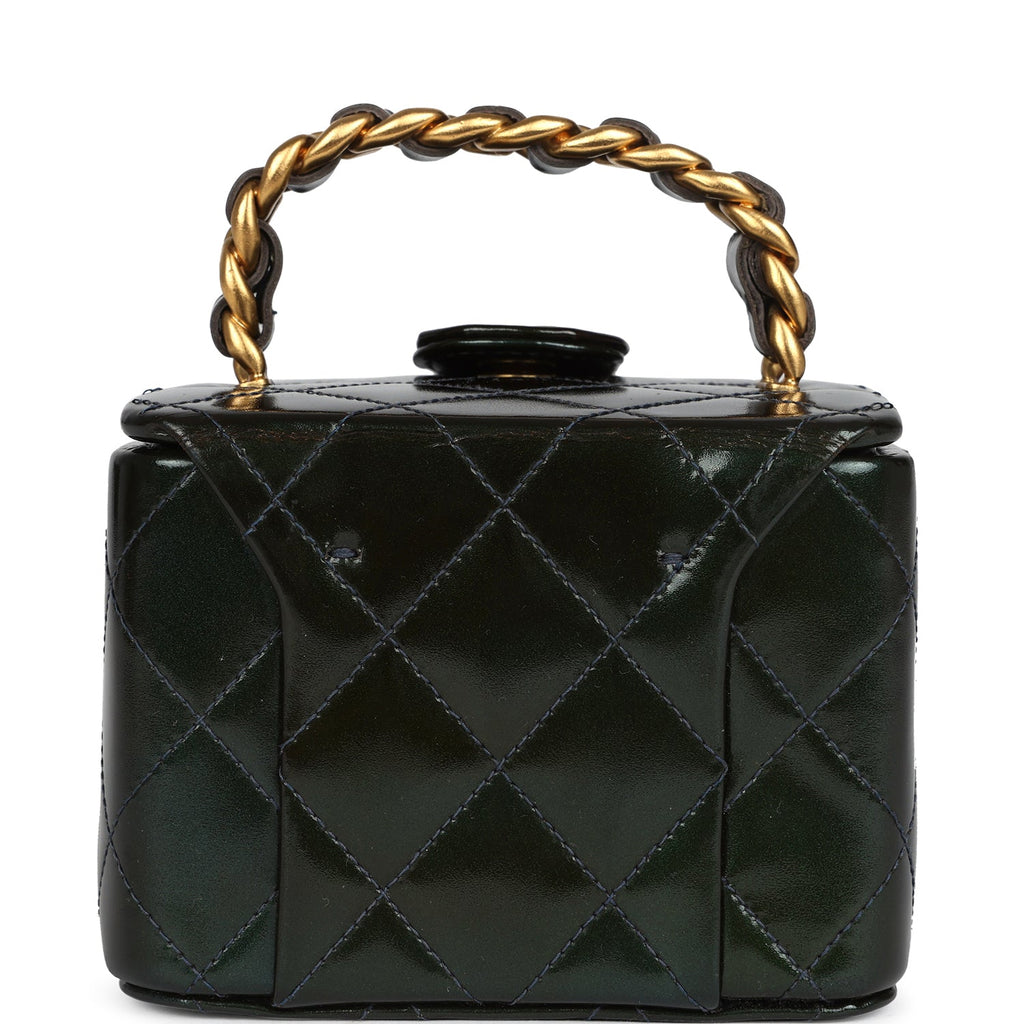 Chanel Vintage Mini Square Vanity Green Patent Antique Gold Hardware